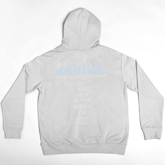 Grauer Xaltike Hoodie mit großem Backprint und internationalen Schriftzeichen, inspiriert von kurdischer Kultur