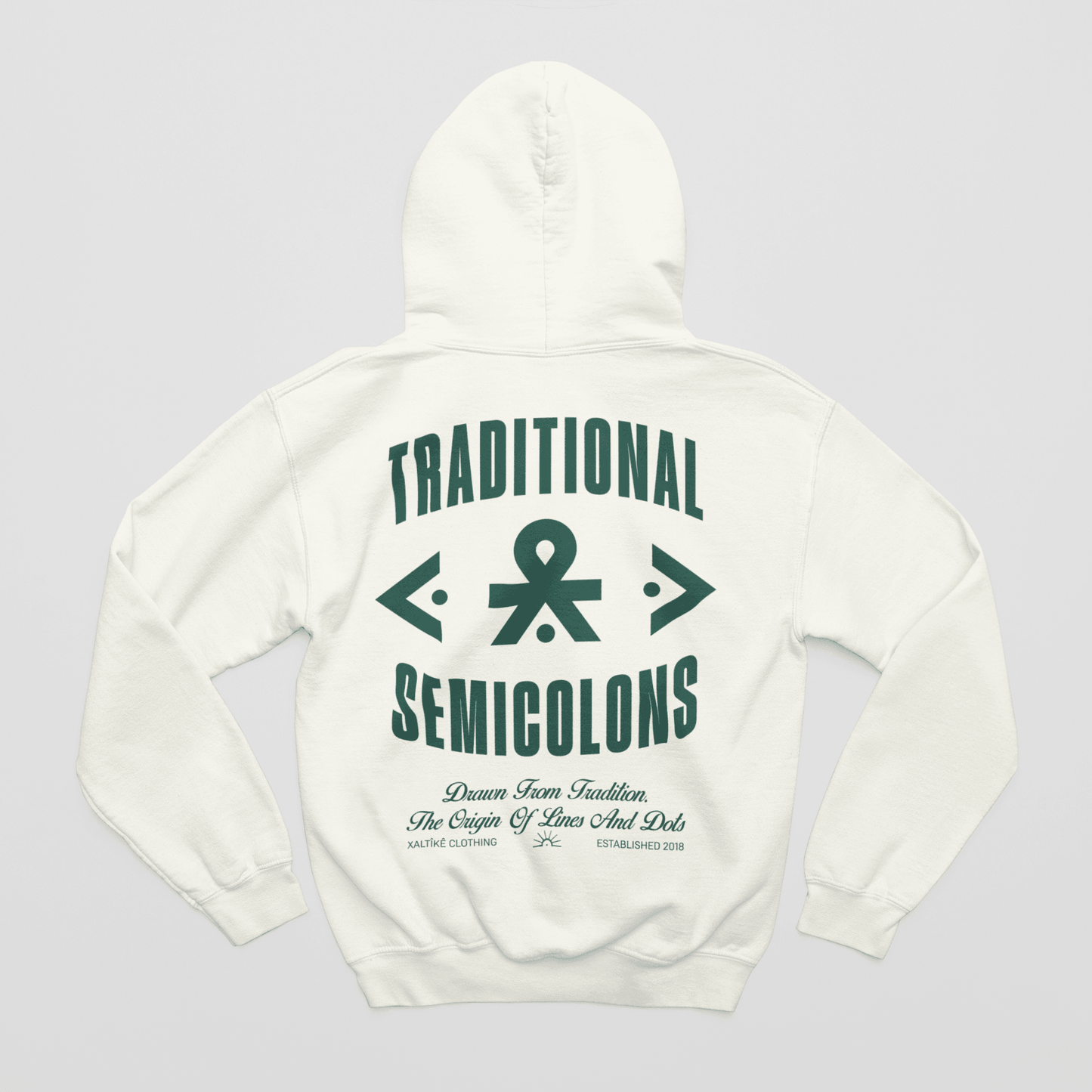 Schwarzer Oversized Xaltike Hoodie mit grünem Print 'Traditional Semicolons,' inspiriert von kurdischen Tattoos und traditioneller Streetwear.