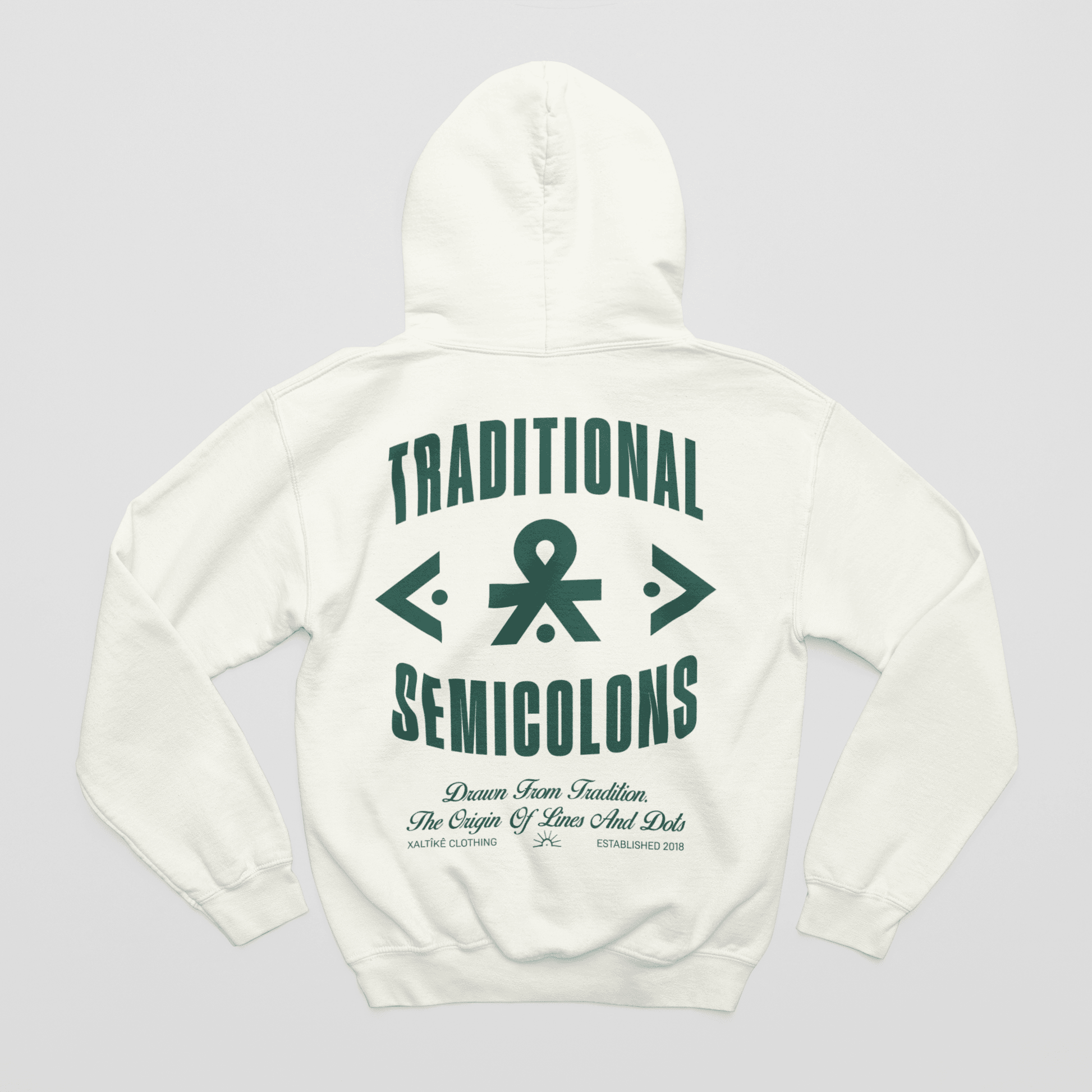 Schwarzer Oversized Xaltike Hoodie mit grünem Print 'Traditional Semicolons,' inspiriert von kurdischen Tattoos und traditioneller Streetwear.