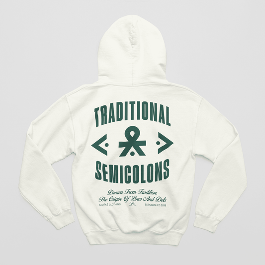 Schwarzer Oversized Xaltike Hoodie mit grünem Print 'Traditional Semicolons,' inspiriert von kurdischen Tattoos und traditioneller Streetwear.